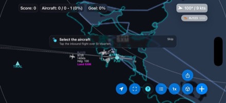 A Flight Academy lesson over St Maarten: a prompt reads "Select the aircraft" beside an inbound flight on the radar.