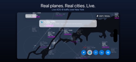 Live radar over New York under the caption "Real planes. Real cities. Live.", with aircraft tags showing headings and altitudes.