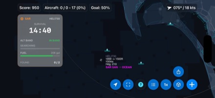 A search and rescue mission: a helicopter on the radar beside a panel with a 14:40 survival clock, fuel level and survivors found, 0 of 2.