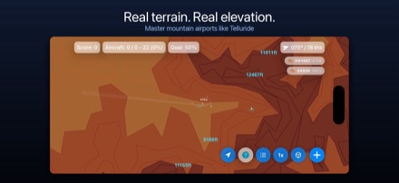 Radar over mountain terrain near Telluride, shaded by elevation with spot heights, under the caption "Real terrain. Real elevation."