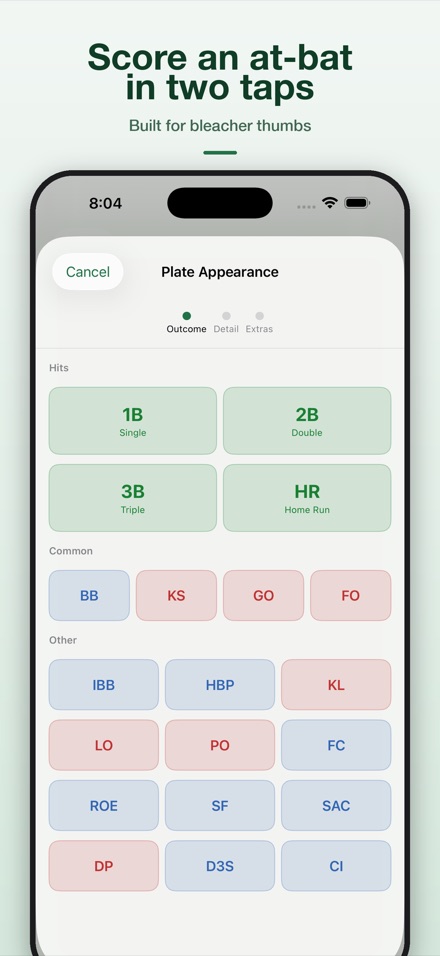 The Plate Appearance screen: large buttons for a single, double, triple or home run, and smaller ones for a walk, strikeout, groundout and other outcomes.