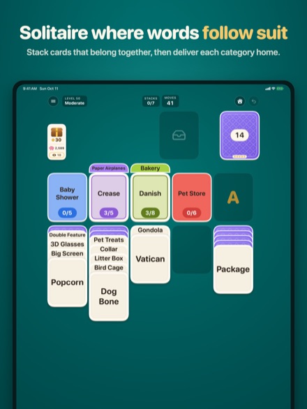 Follow Suit on iPad: a level in play, with word cards stacked in columns and category piles along the top.