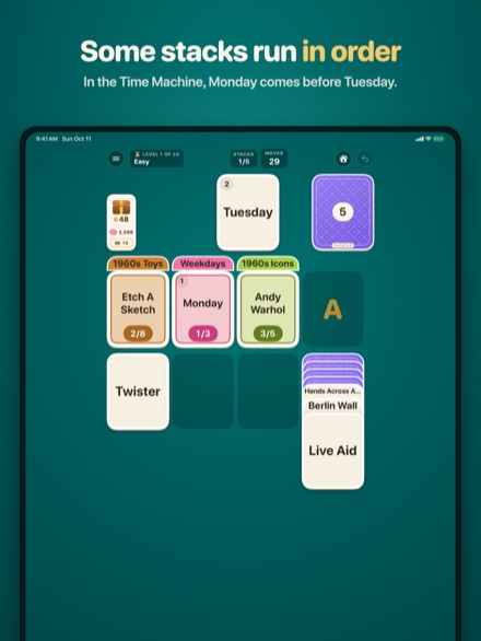 Follow Suit on iPad: an ordered stack in the Time Machine pack, where Monday goes on its pile before Tuesday.
