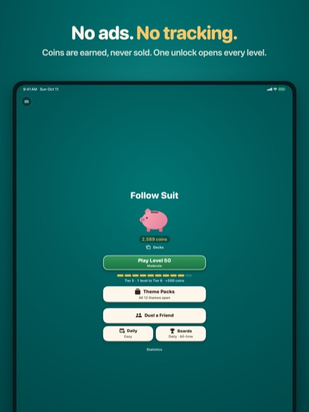 Follow Suit on iPad: the main menu, with Play, Theme Packs, Duel a Friend, Daily and Boards.