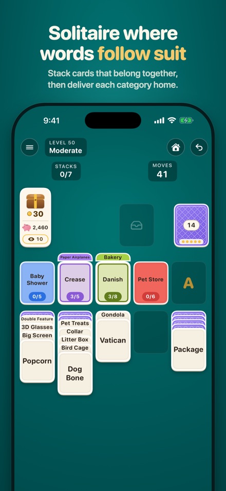 Follow Suit on iPhone: a level in play, with word cards stacked in columns and category piles along the top.