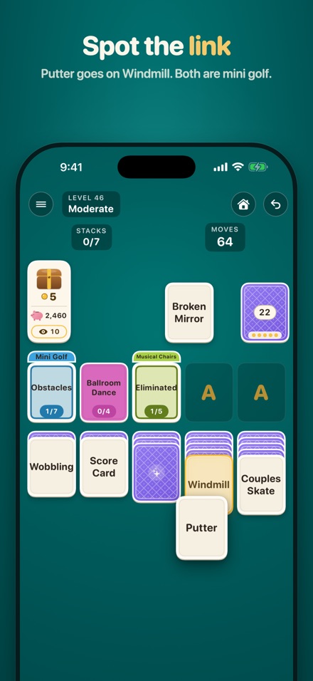 Follow Suit on iPhone: a Putter card being dragged onto Windmill, two words from the mini golf category.