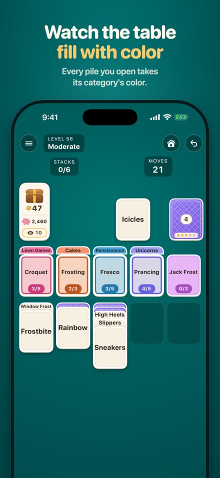 Follow Suit on iPhone: a mid-game table where each opened pile, such as Lawn Games, Cakes and Renaissance, has taken on its own color.