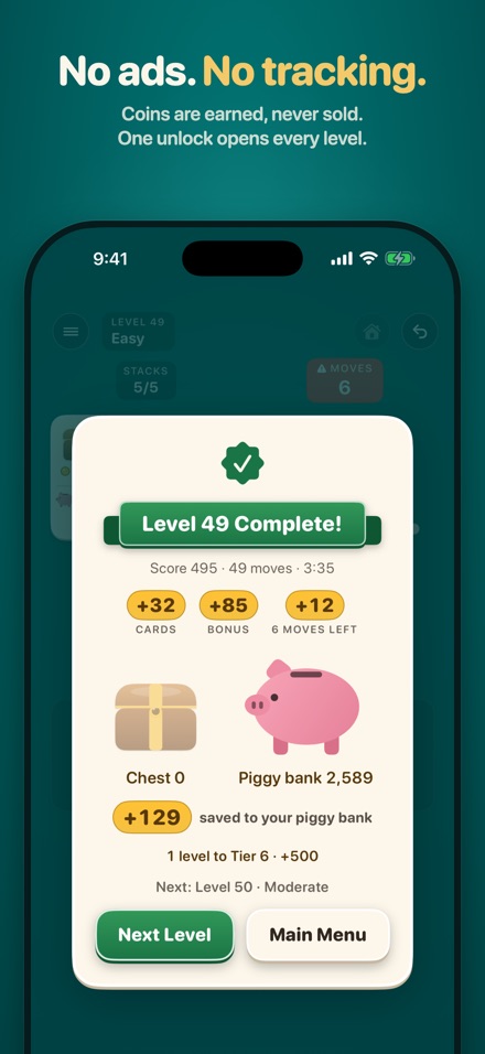 Follow Suit on iPhone: the level-complete page, with the coins earned and the piggy bank total, under the line No ads. No tracking.