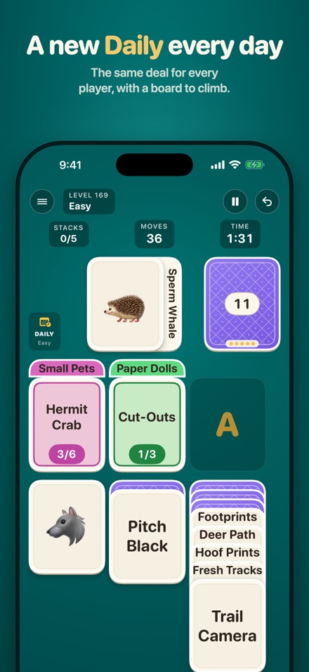 Follow Suit on iPhone: a Daily Challenge in play, with picture cards of a hedgehog and a wolf.