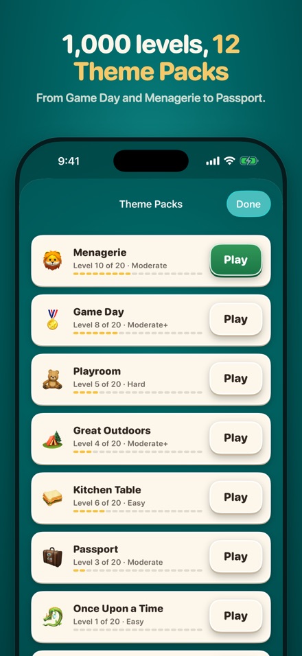 Follow Suit on iPhone: the Theme Packs list, each pack with its progress through 20 levels.