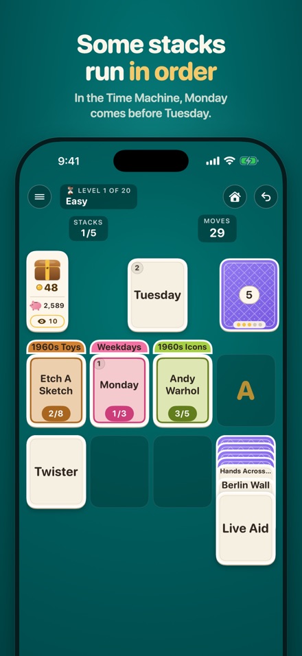 Follow Suit on iPhone: an ordered stack in the Time Machine pack, where Monday goes on its pile before Tuesday.